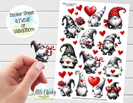 Sticker Sheet - Black & White Valentine's Gnome Sticker Sheet