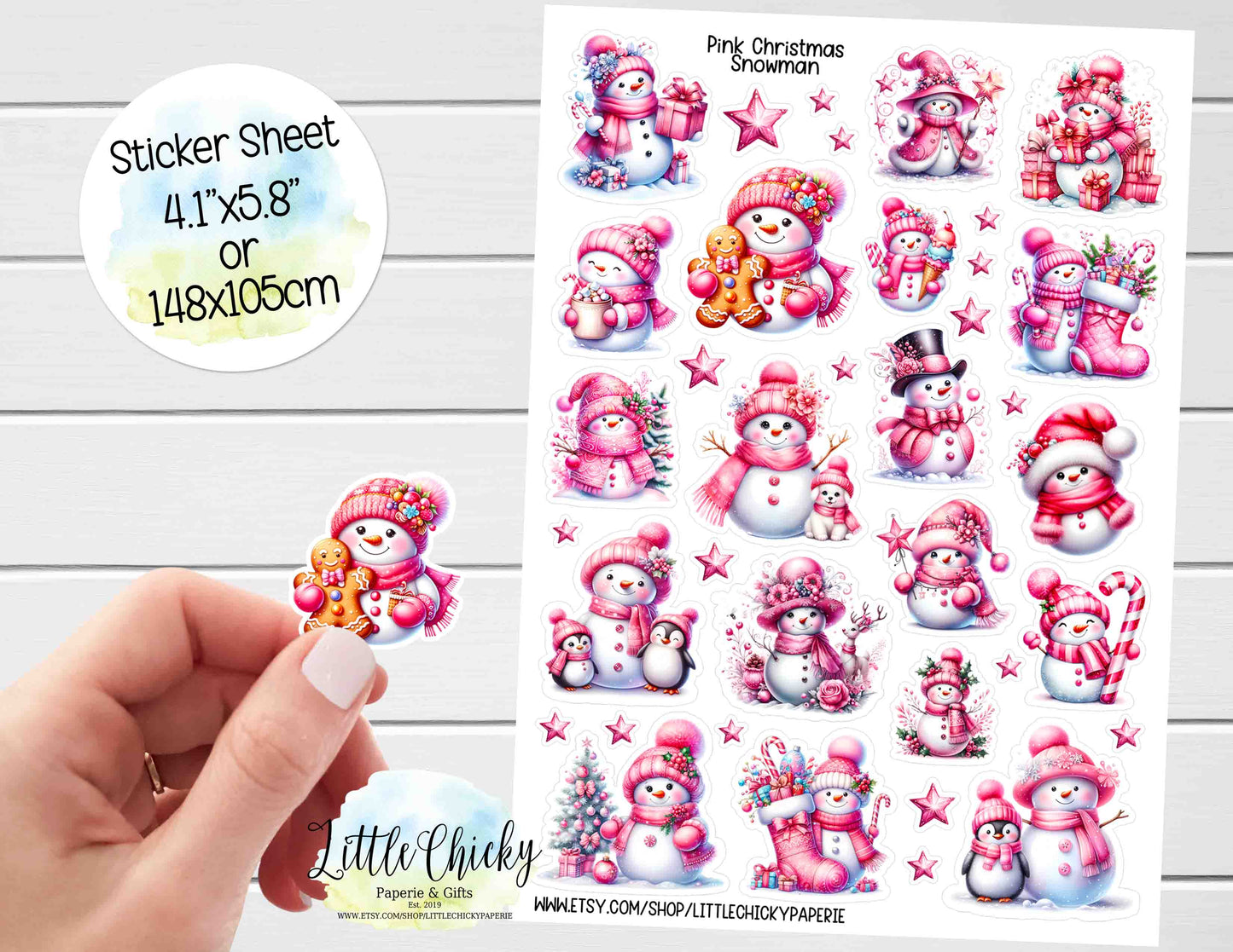 Sticker Sheet - Pink Christmas Snowmen Sticker Sheet