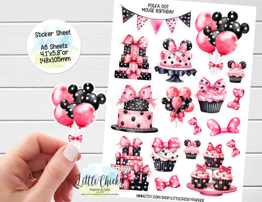 Sticker Sheet - Pink Polka Dot Mouse Birthday Sticker Sheet