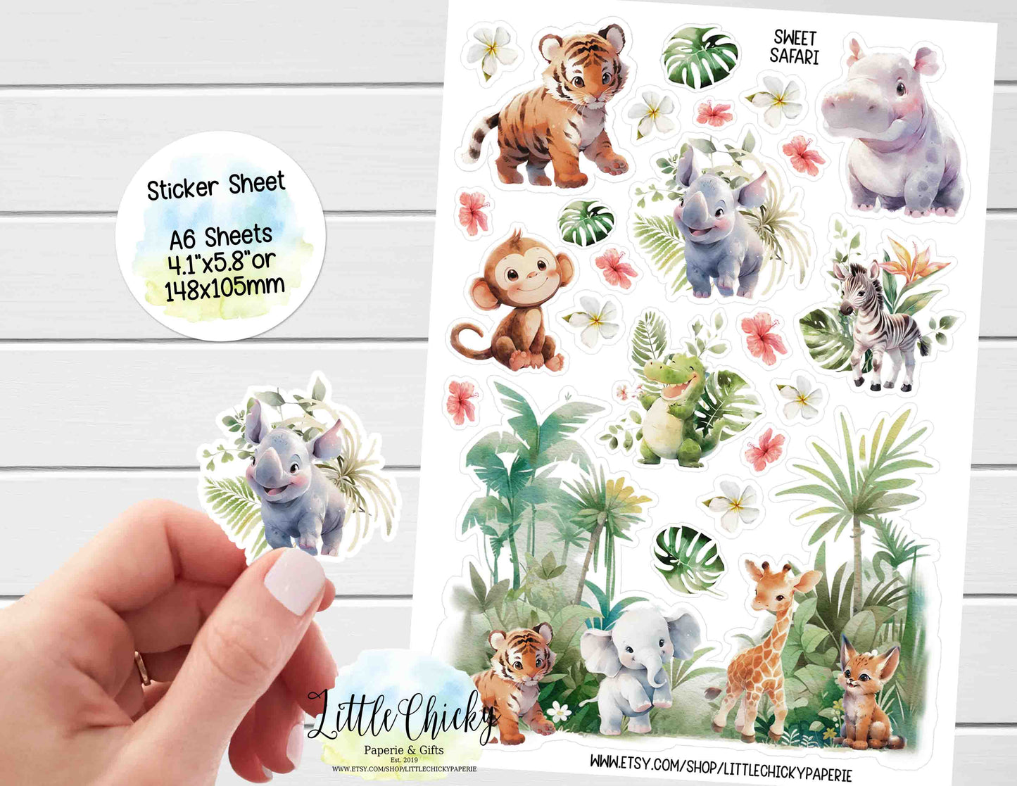 Sticker Sheet  - Watercolor Sweet Safari Animals Sticker Sheet