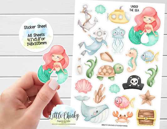 Sticker Sheet  - Cute watercolor Under the Sea Sticker Sheet