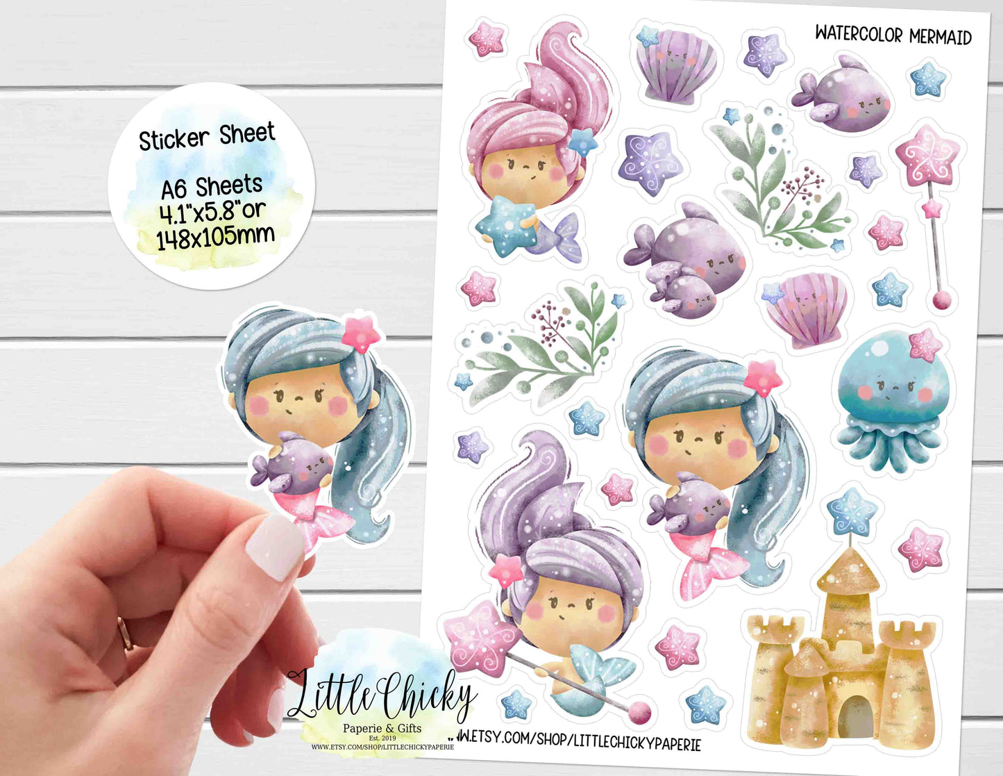 Sticker Sheet - Cute Watercolor Mermaid Sticker Sheet