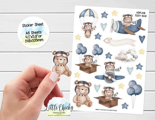 Sticker Sheet - Blue Airplane Teddy Bear Sticker Sheet