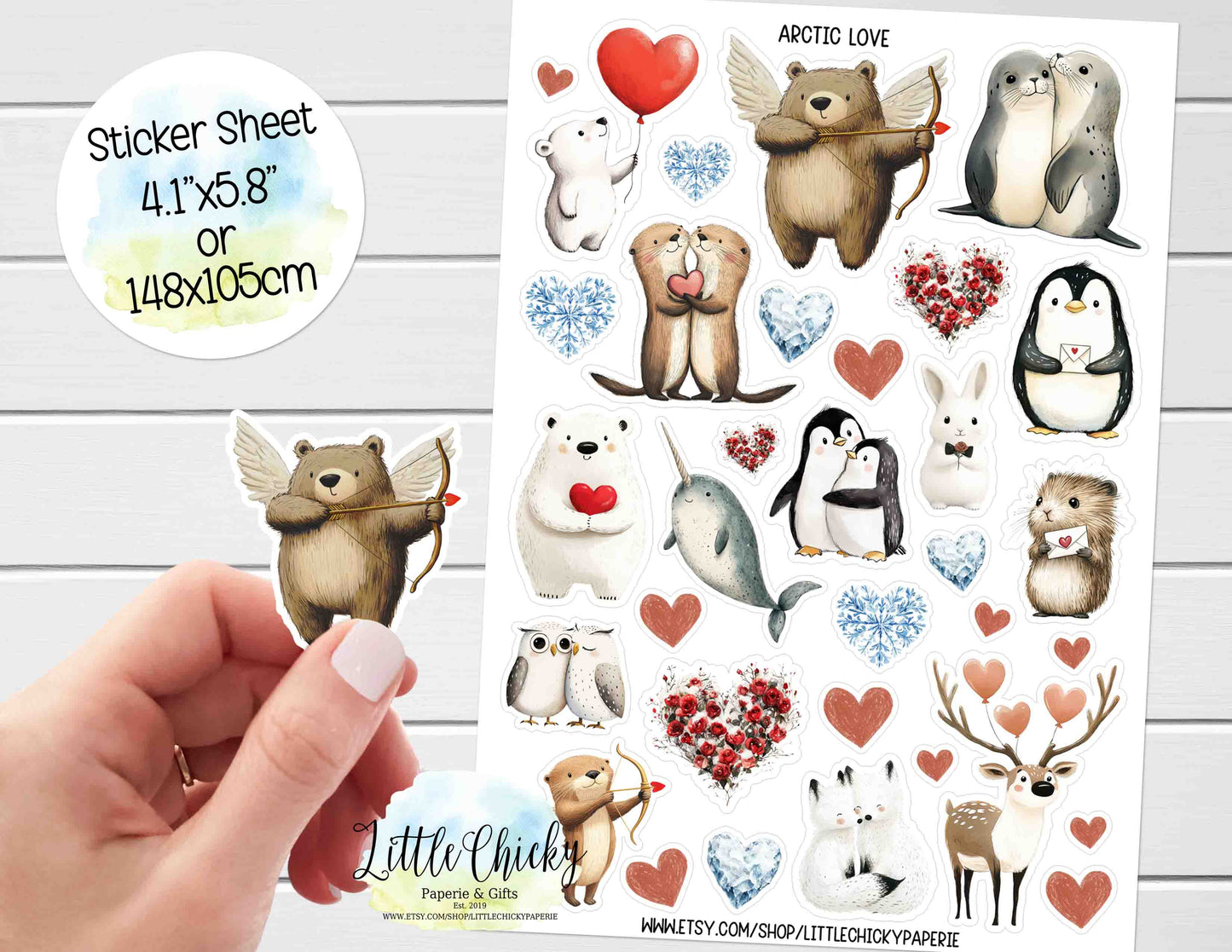 Sticker Sheet - Artic Love Animals, Valentine's Day Sticker Sheet