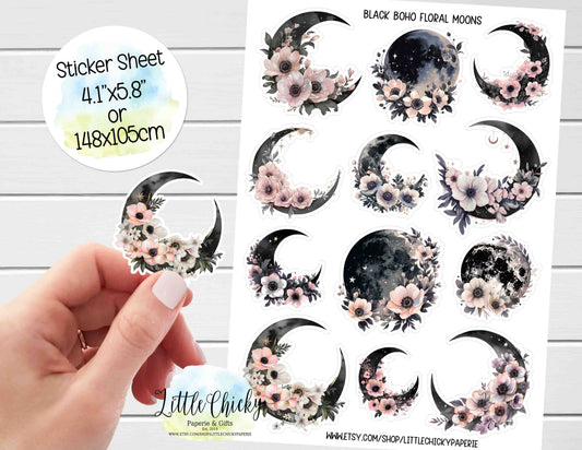 Sticker Sheet - Black Boho Floral Moons Sticker Sheet