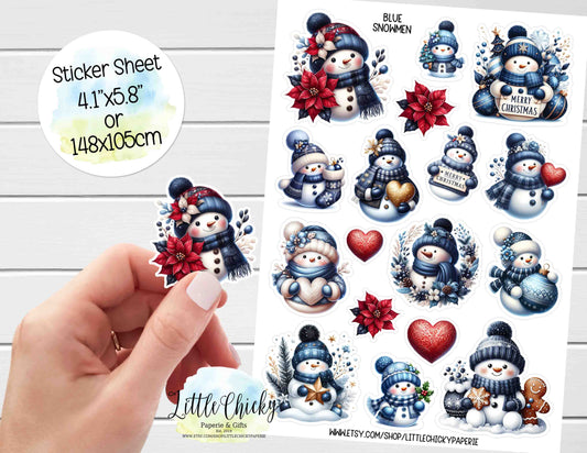 Sticker Sheet - Blue Christmas Snowmen Sticker Sheet