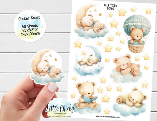 Sticker Sheet - Blue Baby Boy Teddy Bear Sticker Sheet