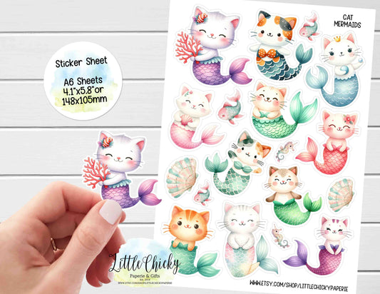 Sticker Sheet - Watercolor Cat Mermaid Sticker Sheet