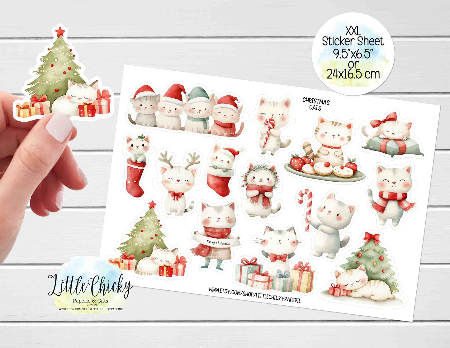 XXL Sticker Sheet - Watercolor Christmas Cats