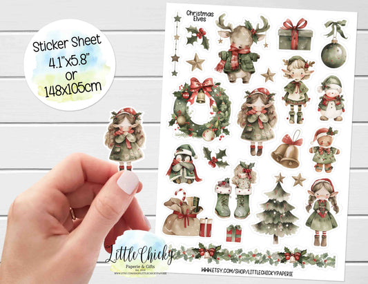 Sticker Sheet - Watercolor Christmas Elves Sticker Sheet