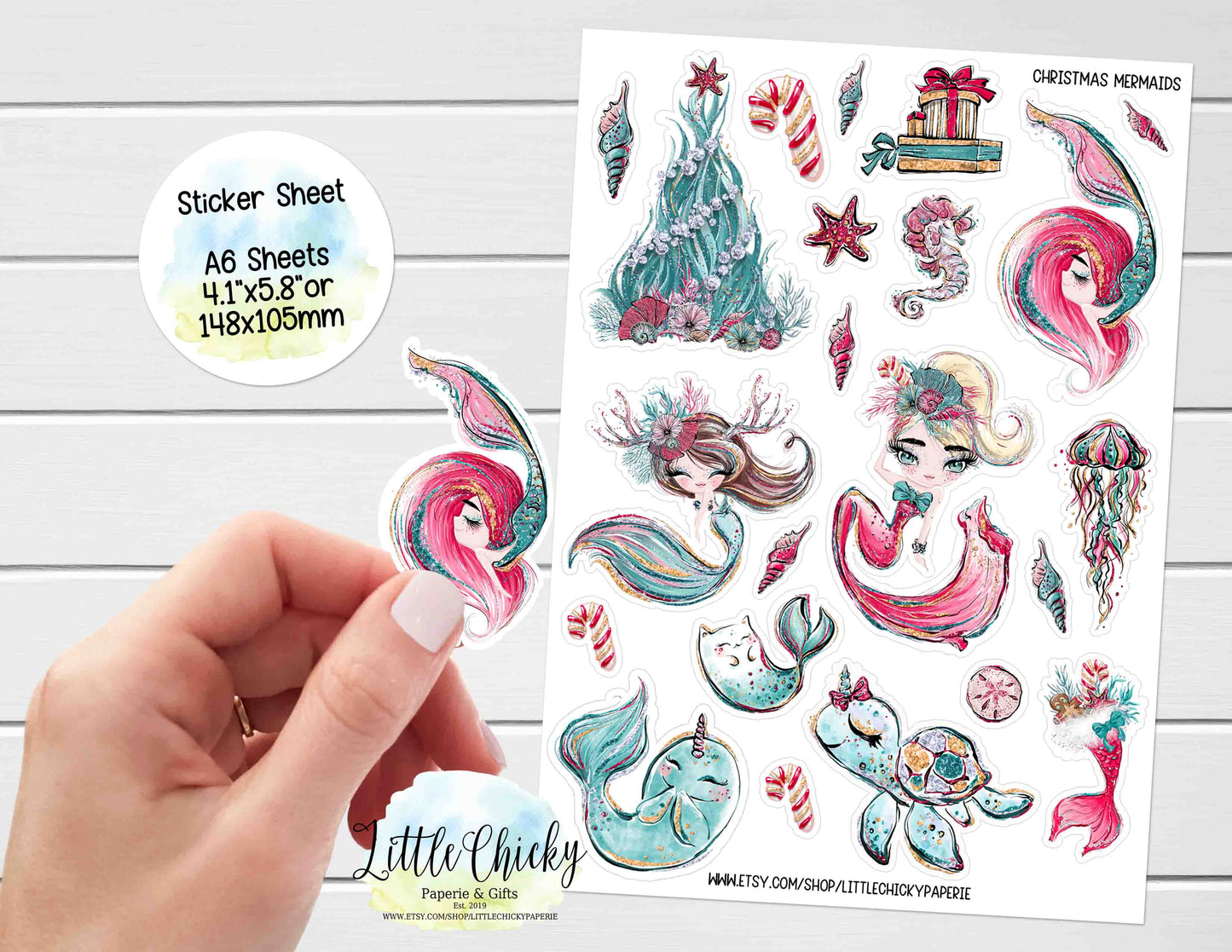 Sticker Sheet - Watercolor Christmas Mermaids Sticker Sheet