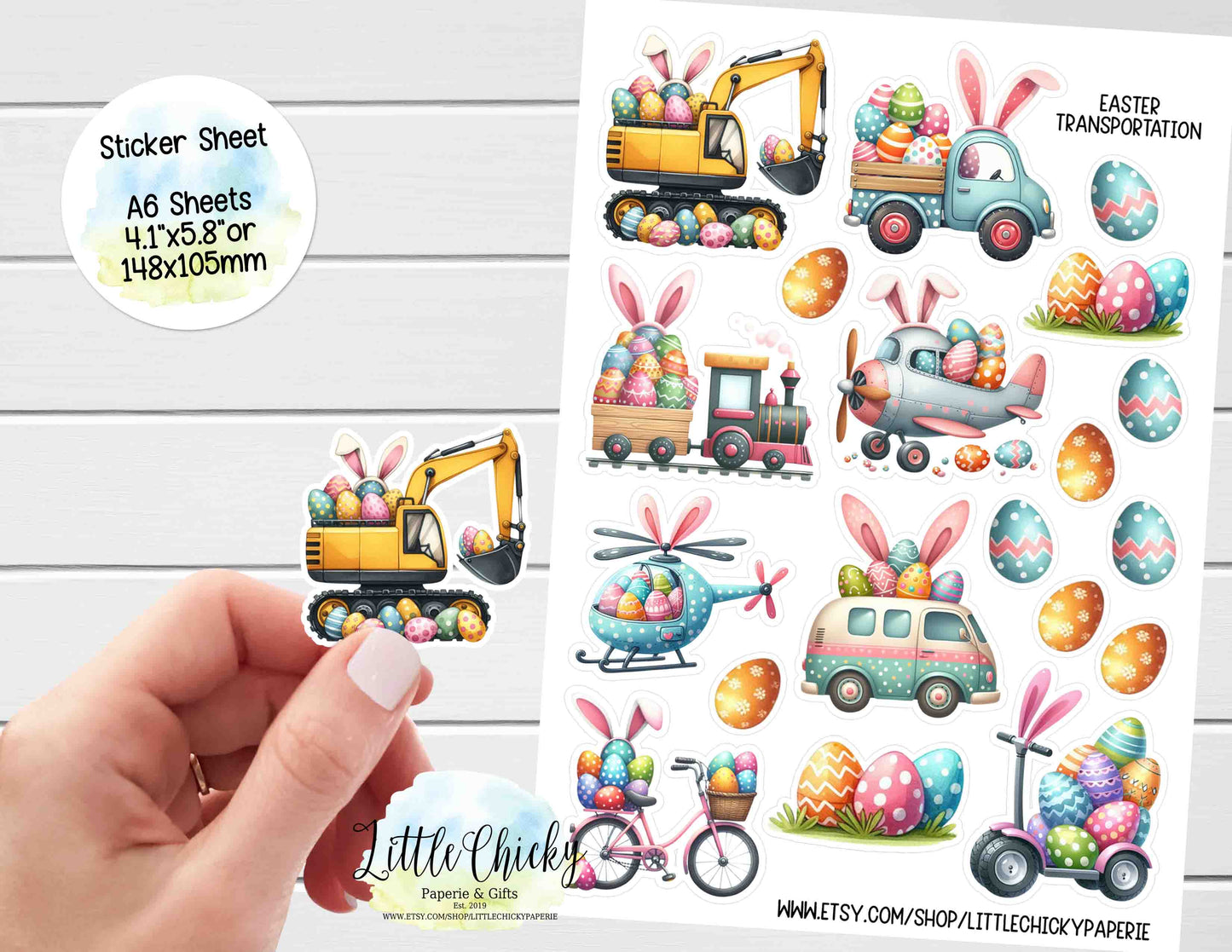 Sticker Sheet - Watercolor Easter Transportation Vehicles Sticker Sheet