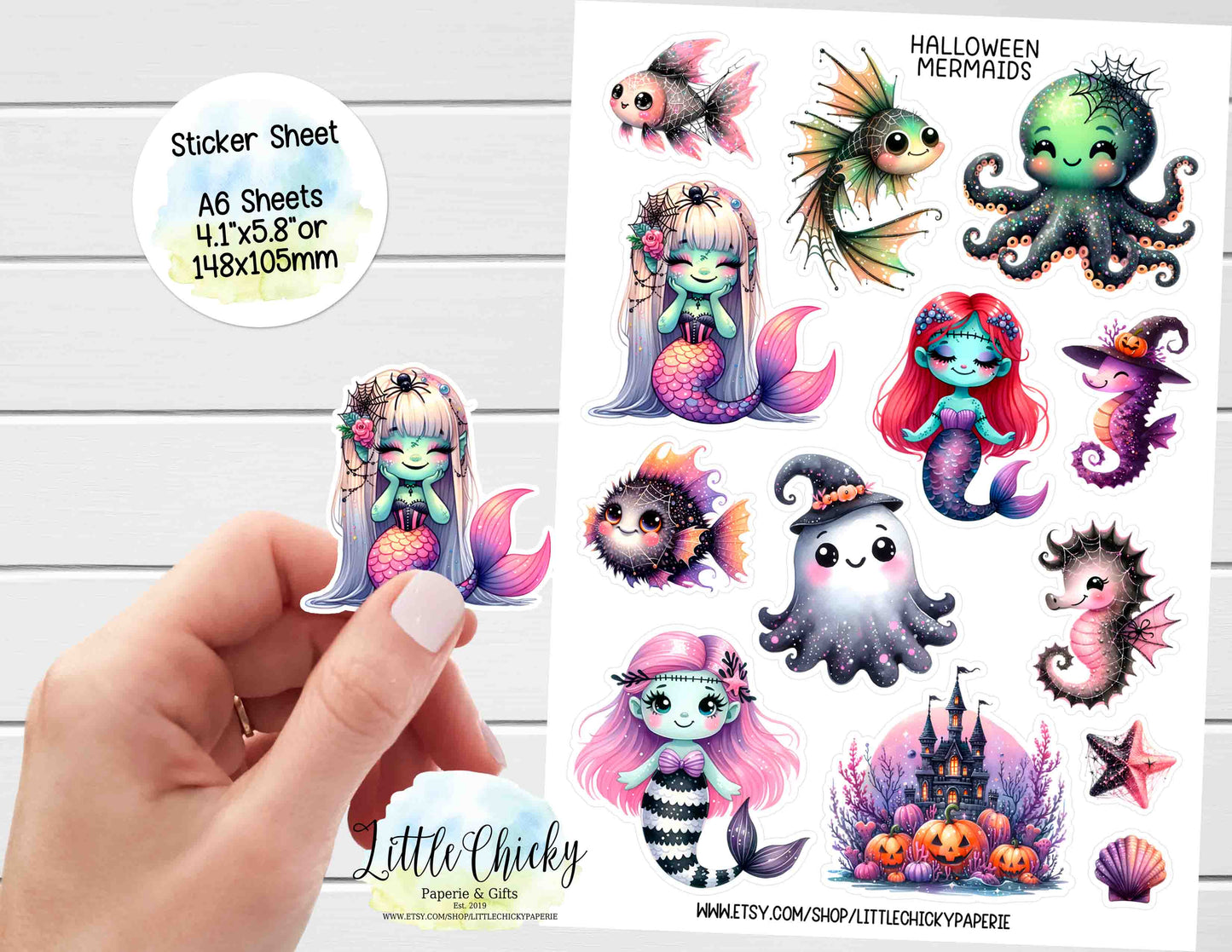 Sticker Sheet - Watercolor Halloween Mermaids Sticker Sheet