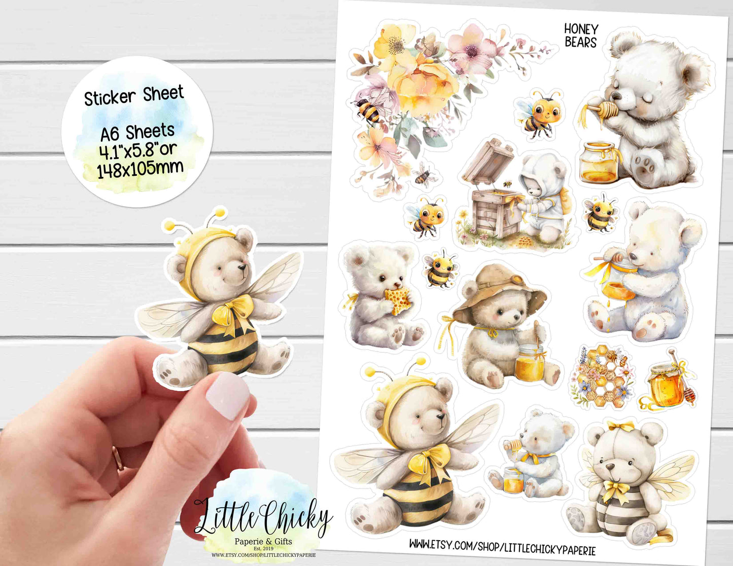 Sticker Sheet - Watercolor Honey Bears Sticker Sheet