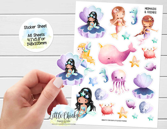 Sticker Sheet - Watercolor Mermaid & Friends Sticker Sheet