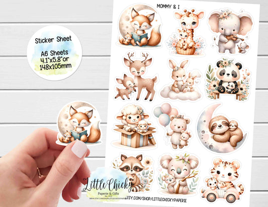 Sticker Sheet - Cute Little Mommy & I Animals Sticker Sheet