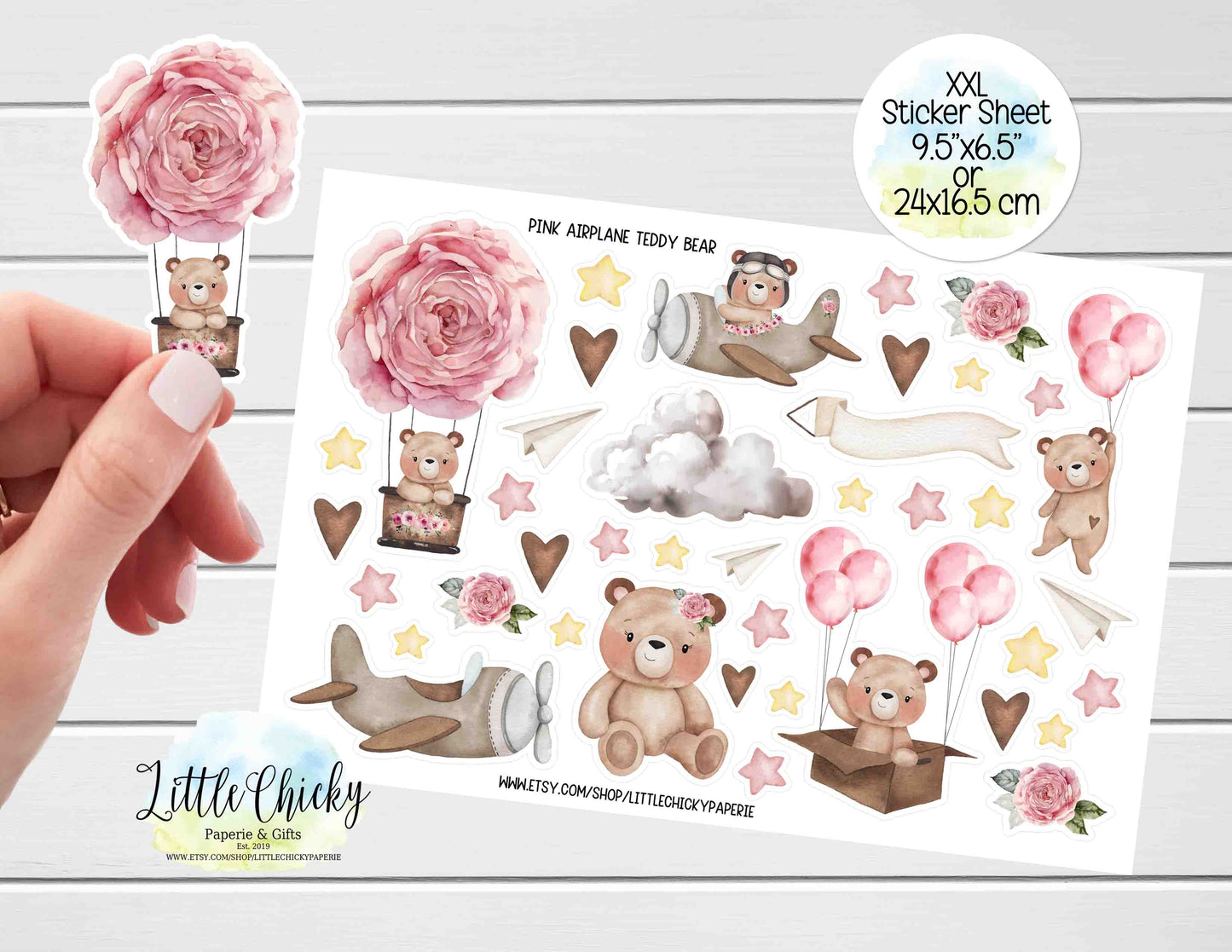 XXL Sticker Sheet - Pink Airplane Teddy Bear Sticker Sheet