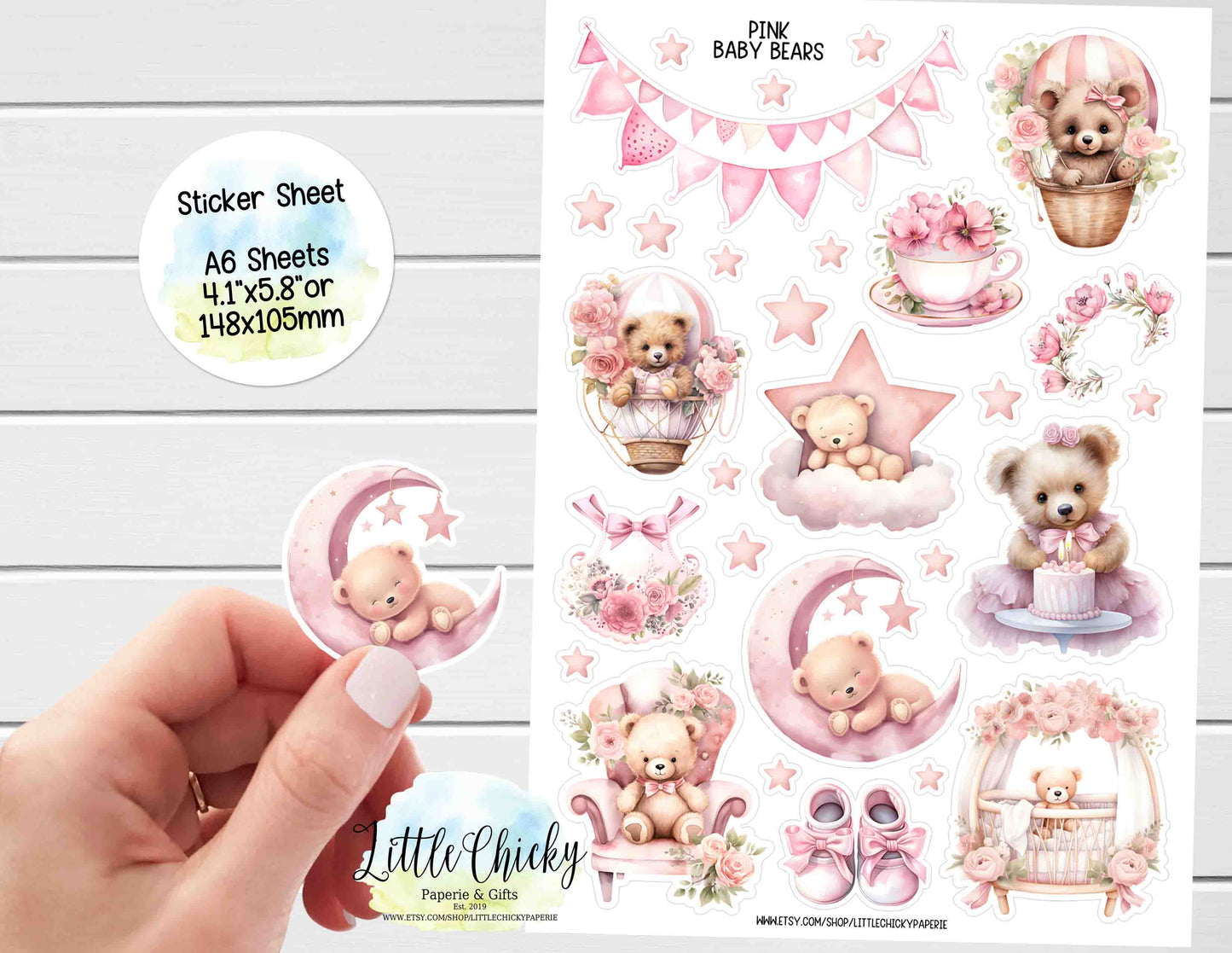 Sticker Sheet - Pink Baby Bears, Baby Girl Sticker Sheet