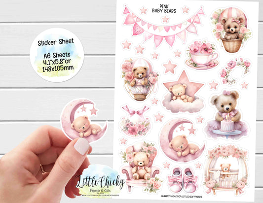 Sticker Sheet - Pink Baby Bears, Baby Girl Sticker Sheet