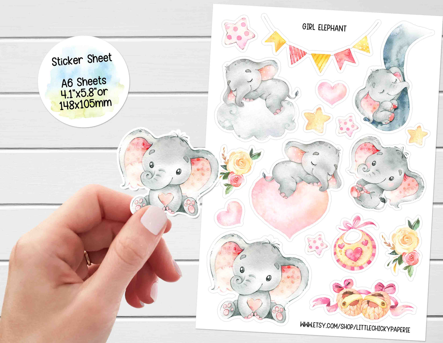 Sticker Sheet - Pink Baby Elephant, Baby Girl Sticker Sheet