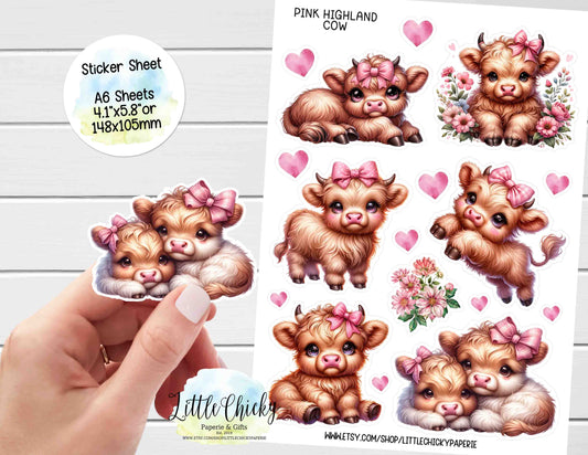 Sticker Sheet - Pink Highland Cows Sticker Sheet