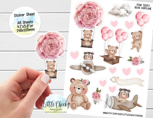 Sticker Sheet - Pink Airplane Teddy Bear Sticker Sheet