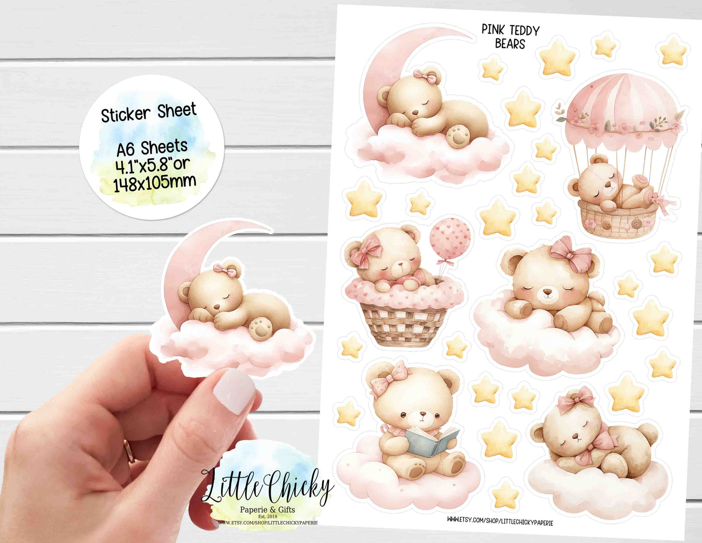 Sticker Sheet - Cute Pink Teddy Bears Sticker Sheet