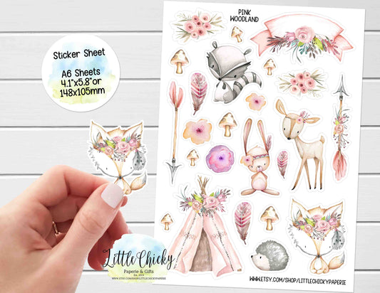 Sticker Sheet - Watercolor Pink Woodland Animals Sticker Sheet