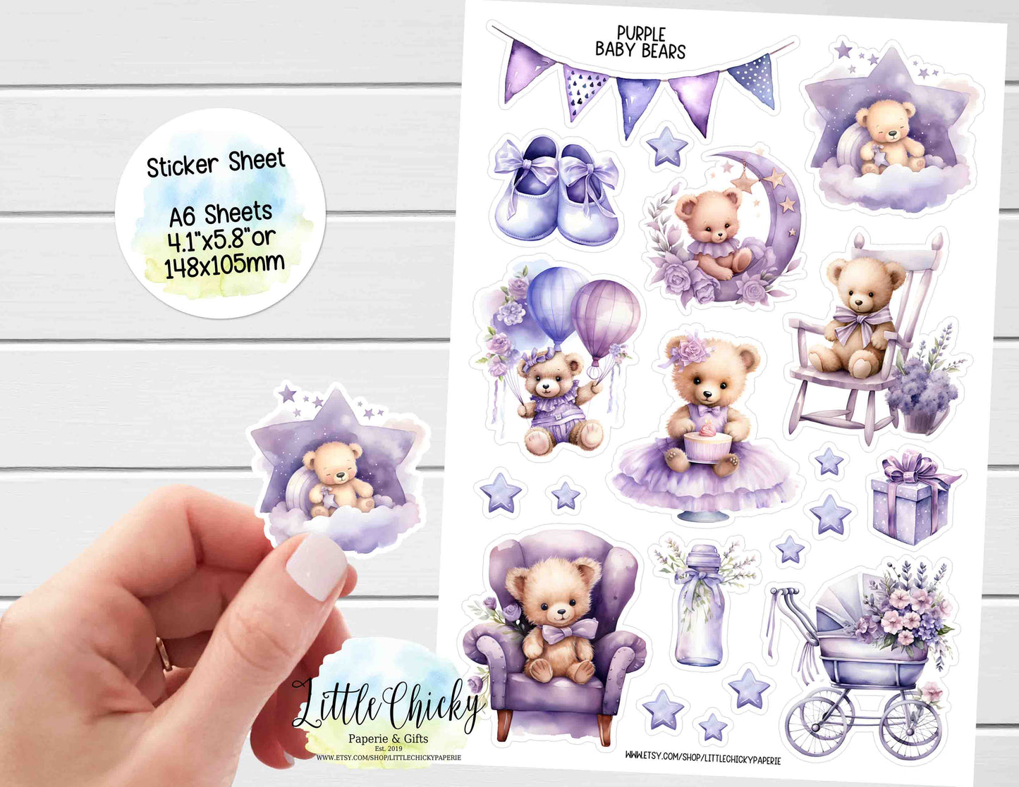 Sticker Sheet - Purple Baby Teddy Bears Sticker Sheet