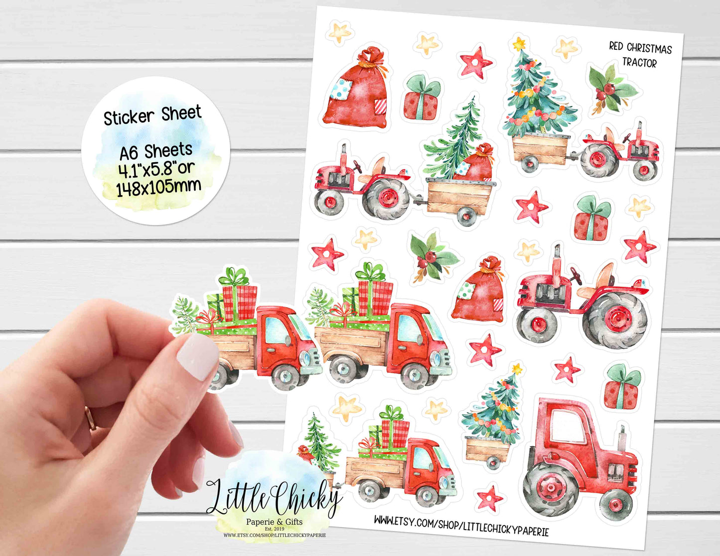 Sticker Sheet - Red Christmas Tractor Sticker Sheet