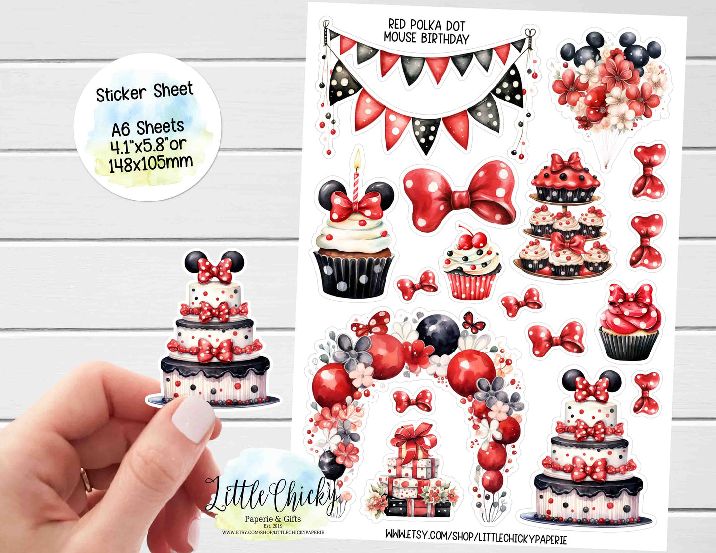 Sticker Sheet - Red Polka Dot Mouse Birthday Sticker Sheet