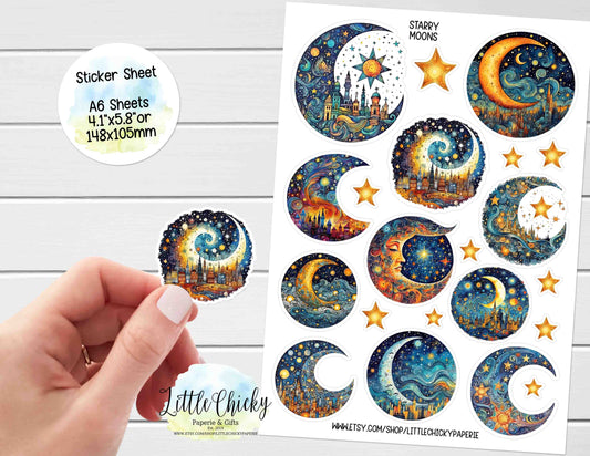 Sticker Sheet - Starry Moons, Celestial Sticker Sheet