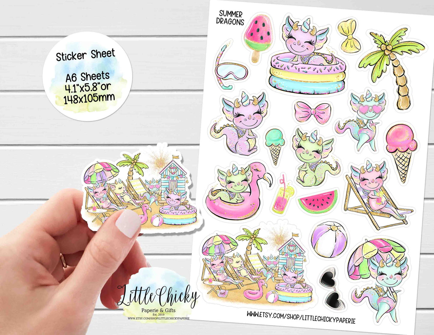 Sticker Sheet - Cute Summer dragons Sticker Sheet