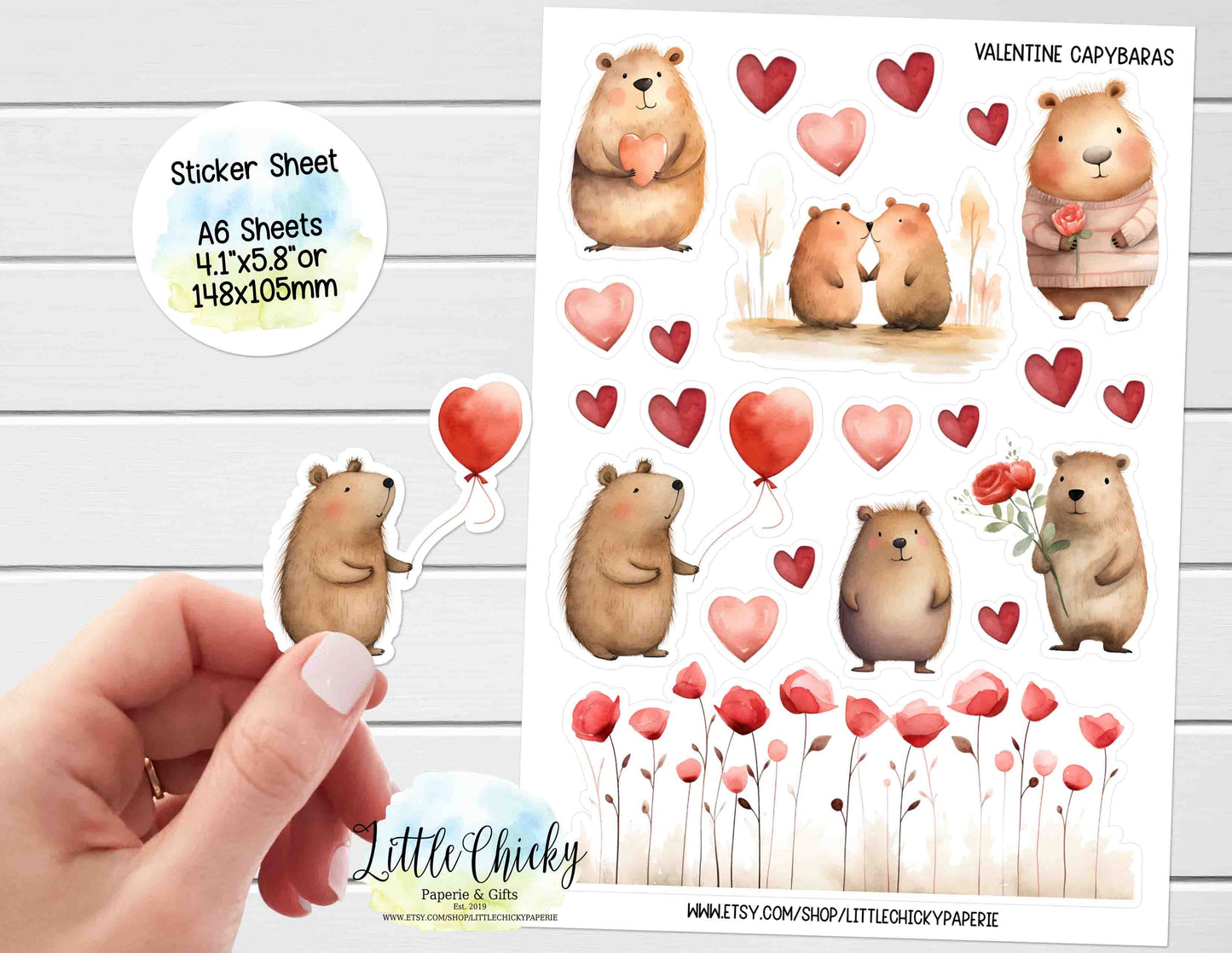 Sticker Sheet  - Cute Valentine's Capybara Sticker Sheet