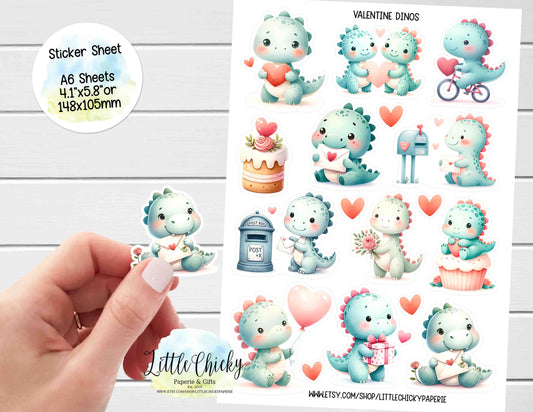 Sticker Sheet  - Cute Valentine's Dinosaurs Sticker Sheet