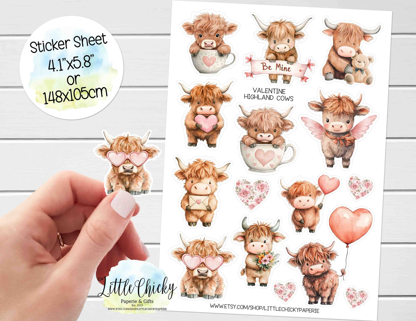 Sticker Sheet - Valentine's Highland cows Sticker Sheet