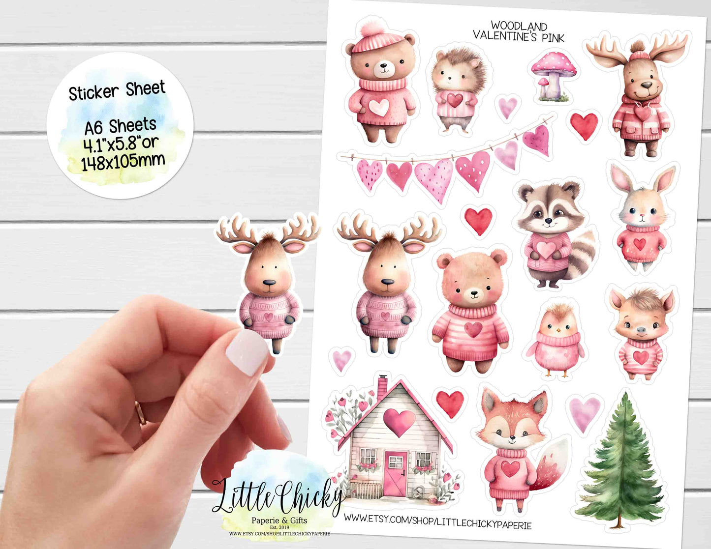 Sticker Sheet - Pink Valentine's Woodland Sticker Sheet