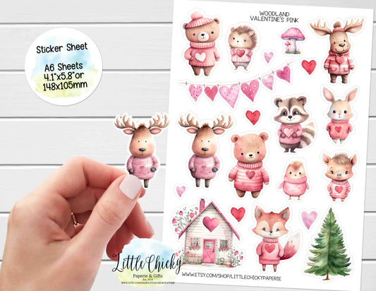 Sticker Sheet - Pink Valentine's Woodland Sticker Sheet